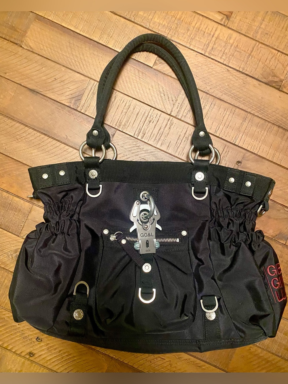 GG&L Black Nylon Shoulder Bag with Silver Hardware